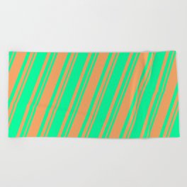 [ Thumbnail: Green & Brown Colored Lined Pattern Beach Towel ]