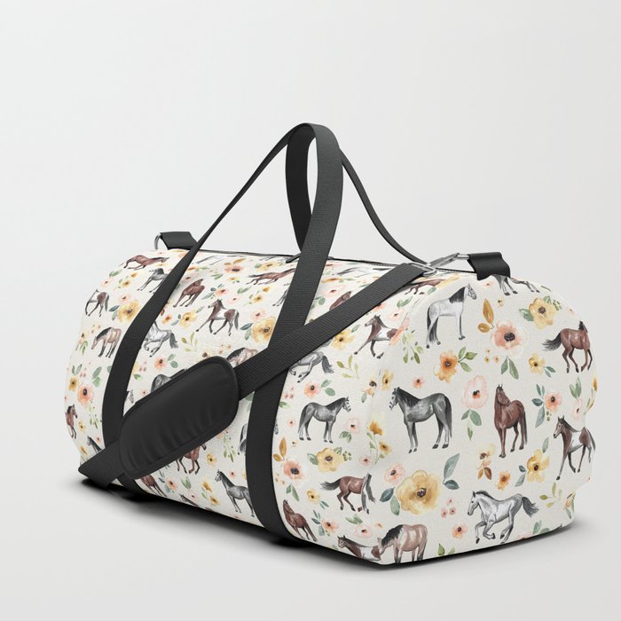 Horses and Flowers, Sunrise Floral, Cream, Horse Print, Horse Illustration, Pink and Yellow, Equestrian, Little Girls Duffle Bag