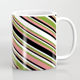 [ Thumbnail: Green, Light Coral, Black & White Colored Lined/Striped Pattern Coffee Mug ]