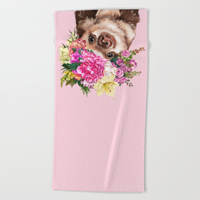 Flower Crown Baby Sloth in Pink Beach Towel