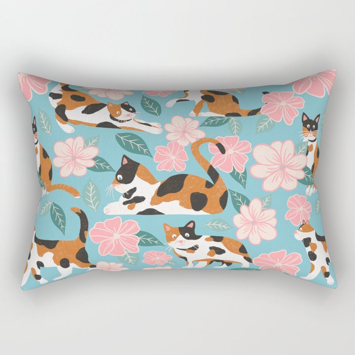 Cats & Blooms - Turquoise Pink Palette Rectangular Pillow