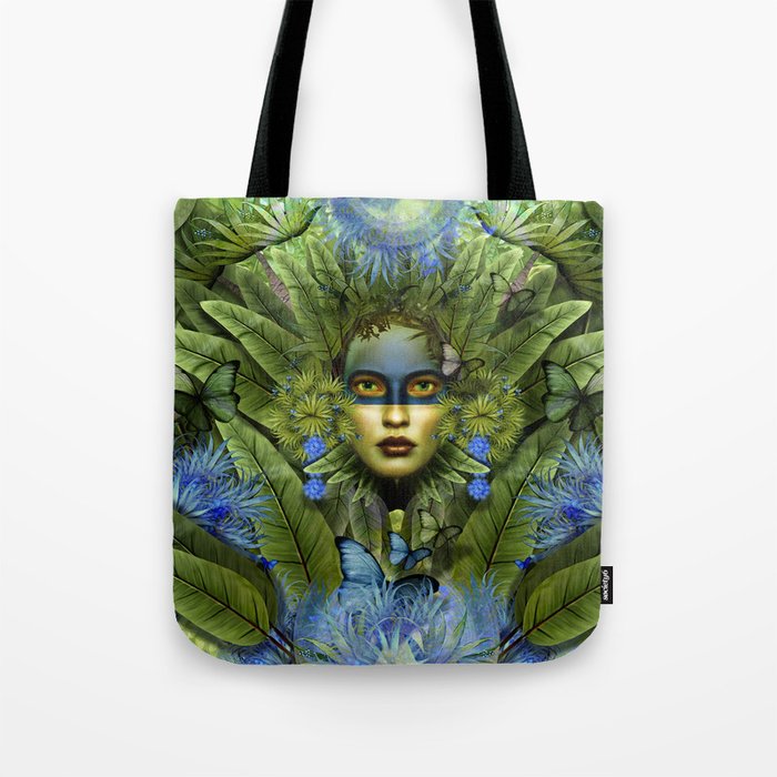 "Tropical green and indigo jungle Woman" Tote Bag