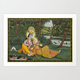 Indian Masterpiece: Radha Krishna in the garden by the stream with lotus flowers landscape painting Art Print