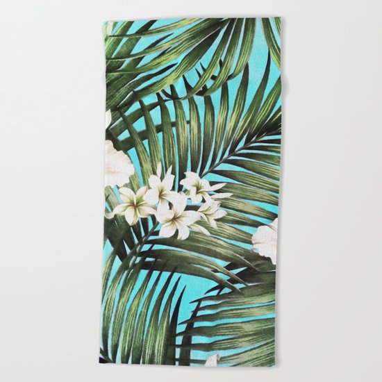 Palm leaves and flowers Beach Towel