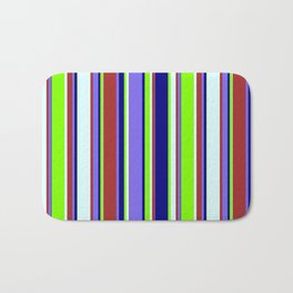 [ Thumbnail: Colorful Brown, Medium Slate Blue, Blue, Chartreuse & Light Cyan Colored Striped/Lined Pattern Bath Mat ]