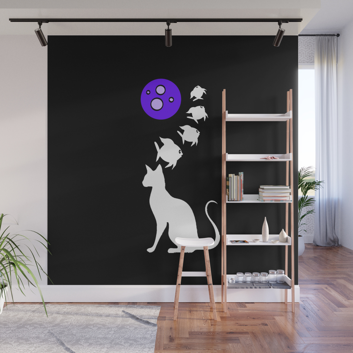 Cat Dreams Fish Swimming Over Moon Wall Mural By Catxel Society6