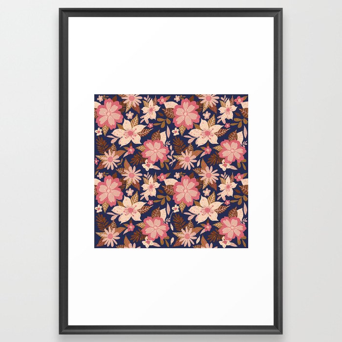 Fun Modern Autumn Floral Blue Peach Framed Art Print