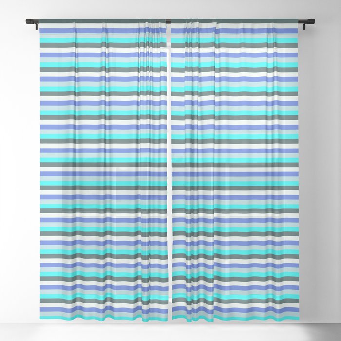 Royal Blue, Powder Blue, Cyan, Dark Slate Gray, and Mint Cream Colored Lined/Striped Pattern Sheer Curtain