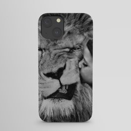 Grouchy Lion being kissed by brunette girl black and white photography iPhone Case