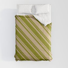 [ Thumbnail: Tan & Green Colored Striped/Lined Pattern Comforter ]