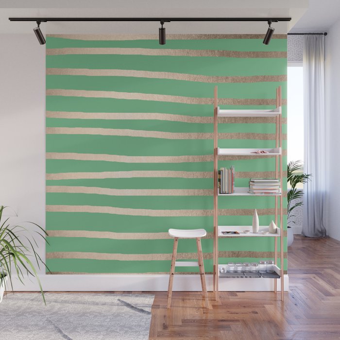 Abstract Drawn Stripes Gold Tropical Green Wall Mural By