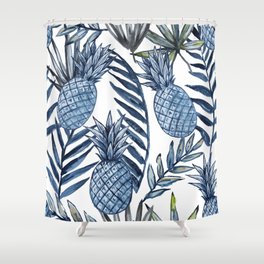 Watercolor seamless pattern with pineapples and tropical leaves Shower Curtain