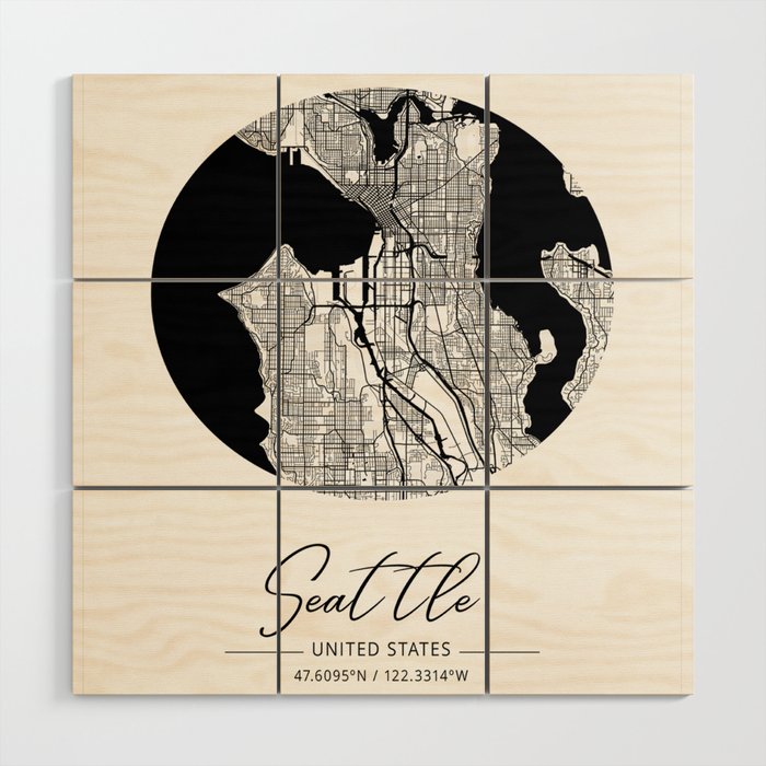 Seattle map coordinates Wood Wall Art