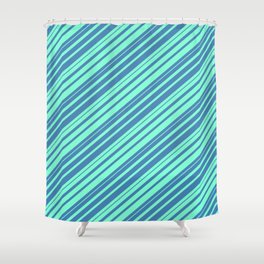 [ Thumbnail: Blue & Aquamarine Colored Striped/Lined Pattern Shower Curtain ]