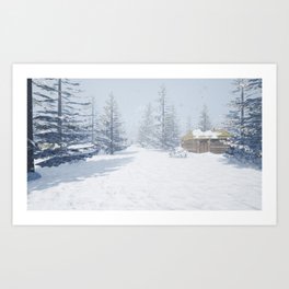 Cabin in the snowy forest Art Print