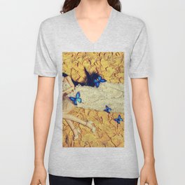 Hearts and blue butterflies; female doll posed with butterlies color photograph / photography V Neck T Shirt