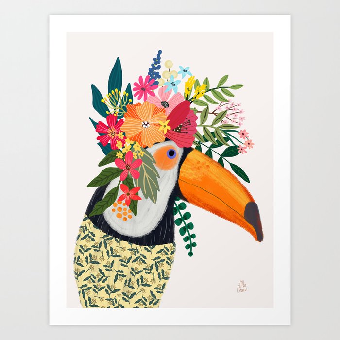 Toucan with flowers on head Art Print