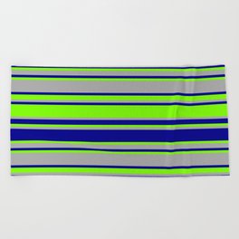 [ Thumbnail: Green, Dark Grey & Dark Blue Colored Lines/Stripes Pattern Beach Towel ]
