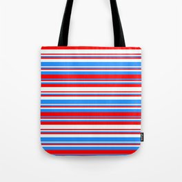 [ Thumbnail: Blue, Red & Mint Cream Colored Stripes Pattern Tote Bag ]