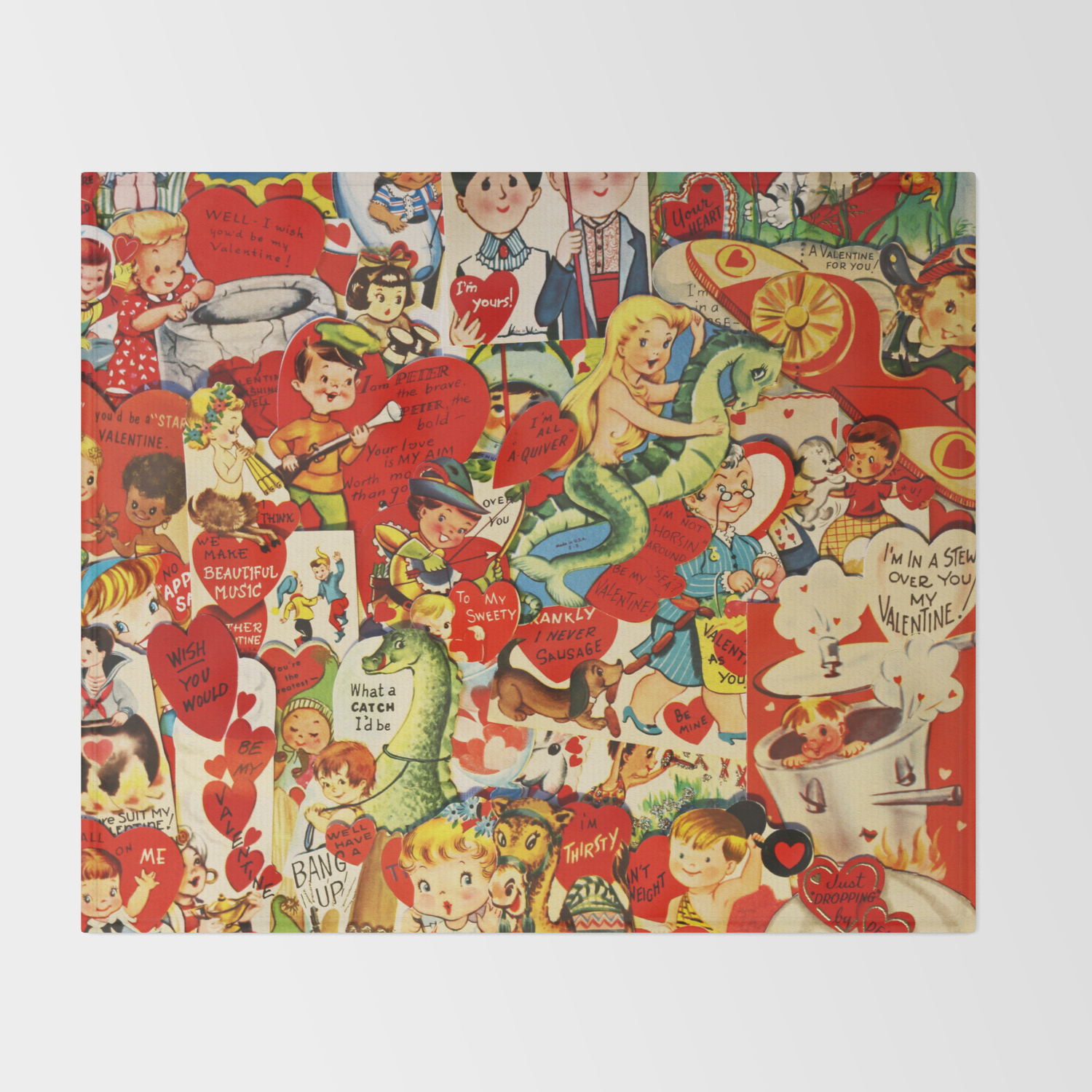 Vintage Valentine Cards , Love, Humor, Funny, Mermaids, Seahorse, Red Hearts,Couples, Reto Inspired Throw Blanket