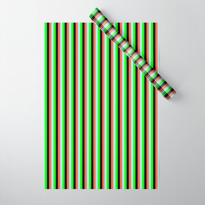 Red, Turquoise, Lime, and Black Colored Lines/Stripes Pattern Wrapping Paper