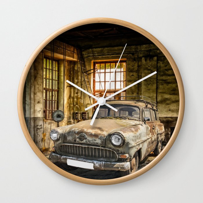Old Car In A Garage Wall Clock By Moonfluff