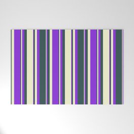[ Thumbnail: Dark Slate Gray, Light Yellow, and Purple Colored Lines/Stripes Pattern Welcome Mat ]