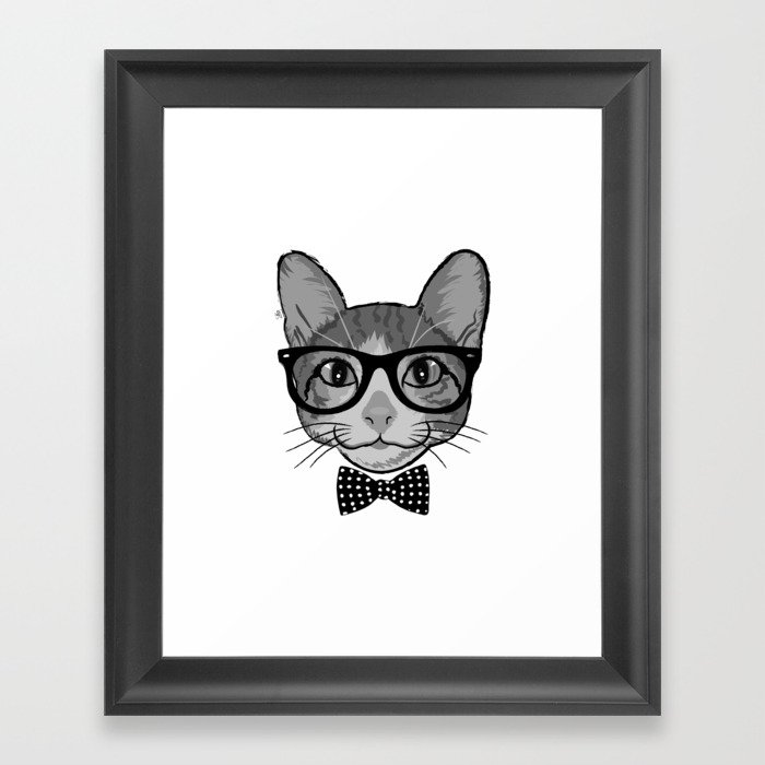 Cat Hipster With Polka Dots Bow Tie - Black White Framed Art Print