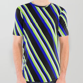 [ Thumbnail: Lavender, Light Green, Blue & Black Colored Pattern of Stripes All Over Graphic Tee ]