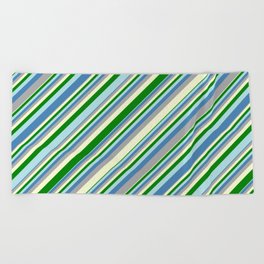 [ Thumbnail: Eye-catching Blue, Dark Gray, Light Yellow, Green, and Powder Blue Colored Lined Pattern Beach Towel ]