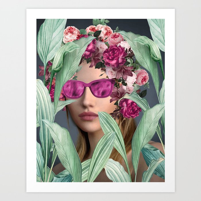 Woman Roses Pink Sunglasses behind green Leaves  Art Print
