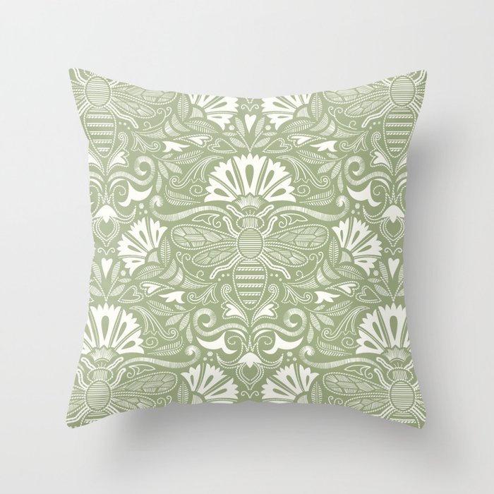 Queen bee garden // natural white and sage green ornamental extravagant gold cord embroidery passementerie style inspiration Throw Pillow