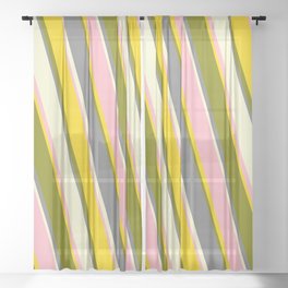 [ Thumbnail: Vibrant Light Pink, Yellow, Green, Gray, and Light Yellow Colored Stripes/Lines Pattern Sheer Curtain ]