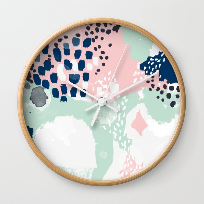 Ostara - minimal abstract painting trendy navy mint and pink pastels acrylic large minimalist Wall Clock
