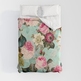 Vintage & Shabby Chic - Summer Teal Roses Flower Garden Comforter