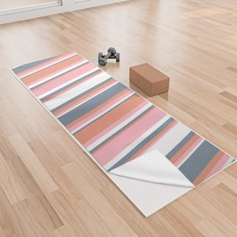 [ Thumbnail: Light Pink, Dark Salmon, Light Slate Gray & White Colored Striped Pattern Yoga Towel ]