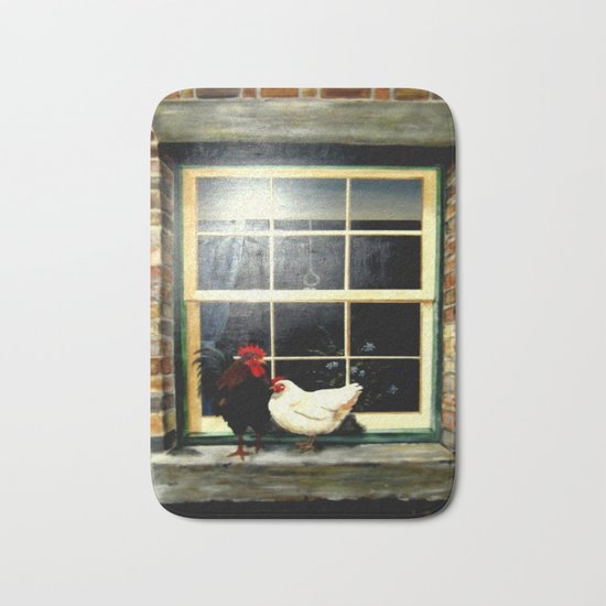 Rooster & Hen on a window Ledge Bath Mat