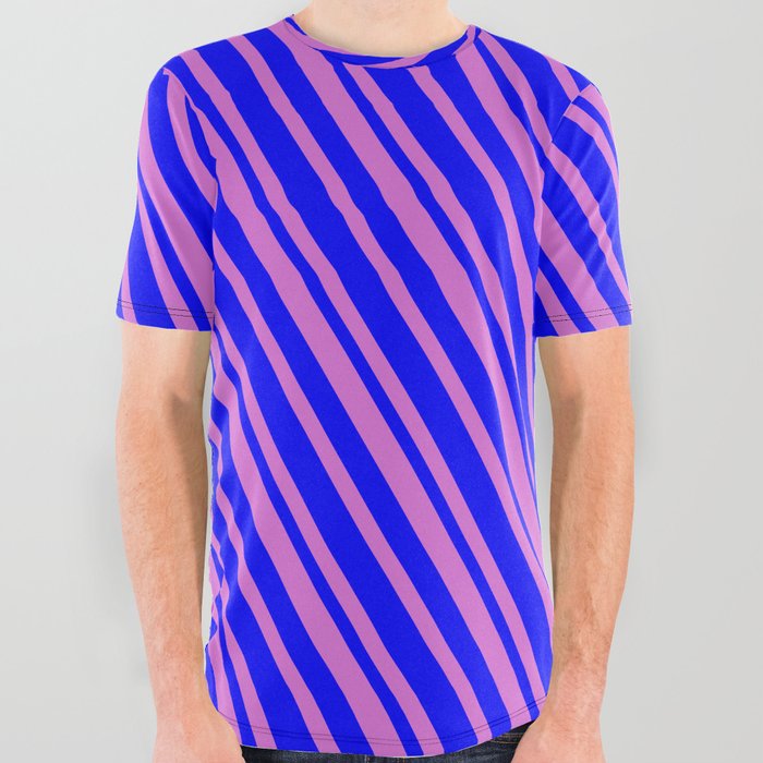 Blue and Orchid Colored Pattern of Stripes All Over Graphic Tee