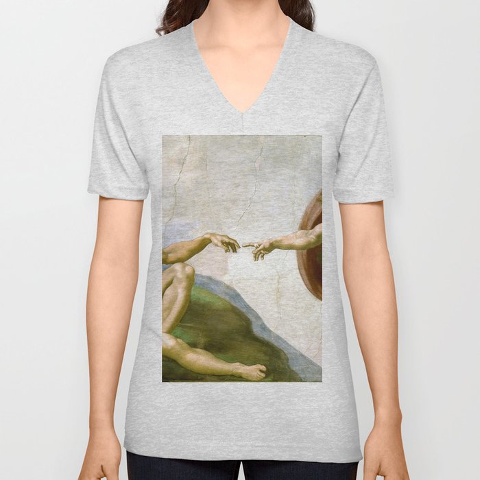 The Creation of Adam Painting by Michelangelo Sistine Chapel V Neck T Shirt