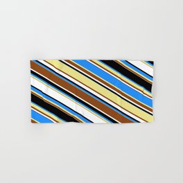 [ Thumbnail: Eyecatching Blue, Tan, Brown, White, and Black Colored Lined/Striped Pattern Hand & Bath Towel ]