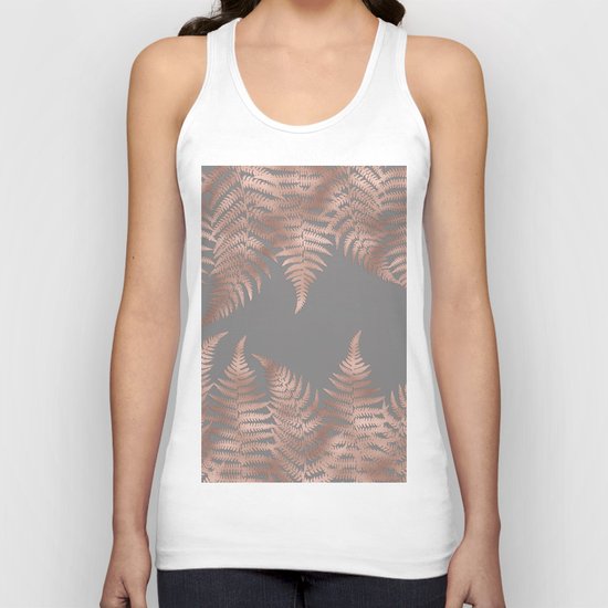 Rosegold pink metal fern leaves on grey background Unisex Tank Top