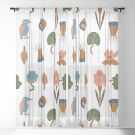 Vector illustration with flowers, leaves and kingfisher Sheer Curtain | Lotus, Walldecor, Colorful, Flowers, Botanical, Graphicdesign, Artprint, Digital, Pattern, Modernart 
