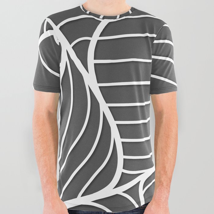 Grey & White Color Leaves Line Design All Over Graphic Tee