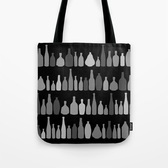 Bottles Black and White on Black Tote Bag