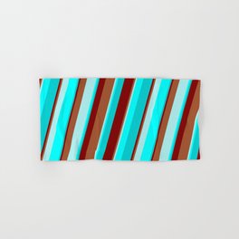 [ Thumbnail: Maroon, Sienna, Turquoise, Cyan, and Dark Turquoise Colored Stripes/Lines Pattern Hand & Bath Towel ]
