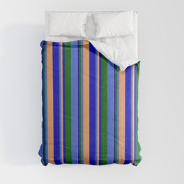[ Thumbnail: Brown, Blue, Dark Green, and Royal Blue Colored Lines Pattern Comforter ]