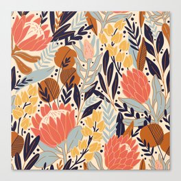 Protea and eucalyptus leaves pattern. Seamless motif. Vintage illustration Canvas Print