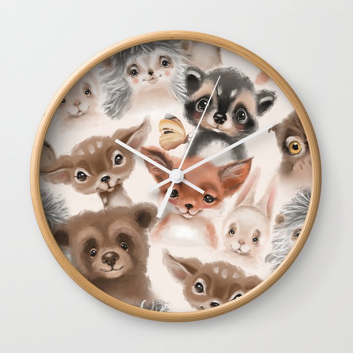 Beautiful seamless, tileable, watercolor pattern with woodland animals - deer, bunny, hedgehog, bear, owl and fox Wall Clock