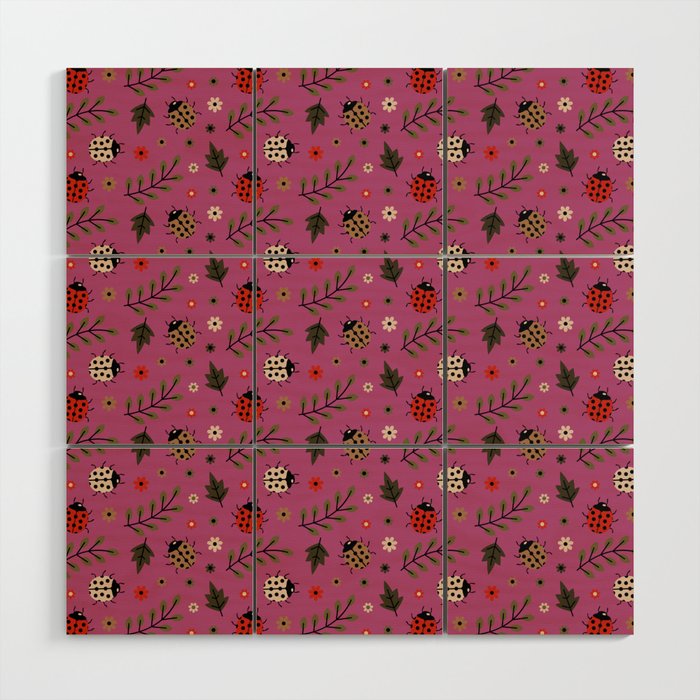 Ladybug and Floral Seamless Pattern on Magenta Background Wood Wall Art