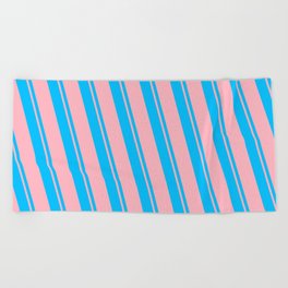 [ Thumbnail: Deep Sky Blue and Light Pink Colored Striped/Lined Pattern Beach Towel ]